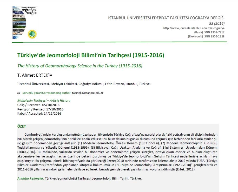 Türkiye’de Jeomorfoloji Bilimi’nin Tarihçesi