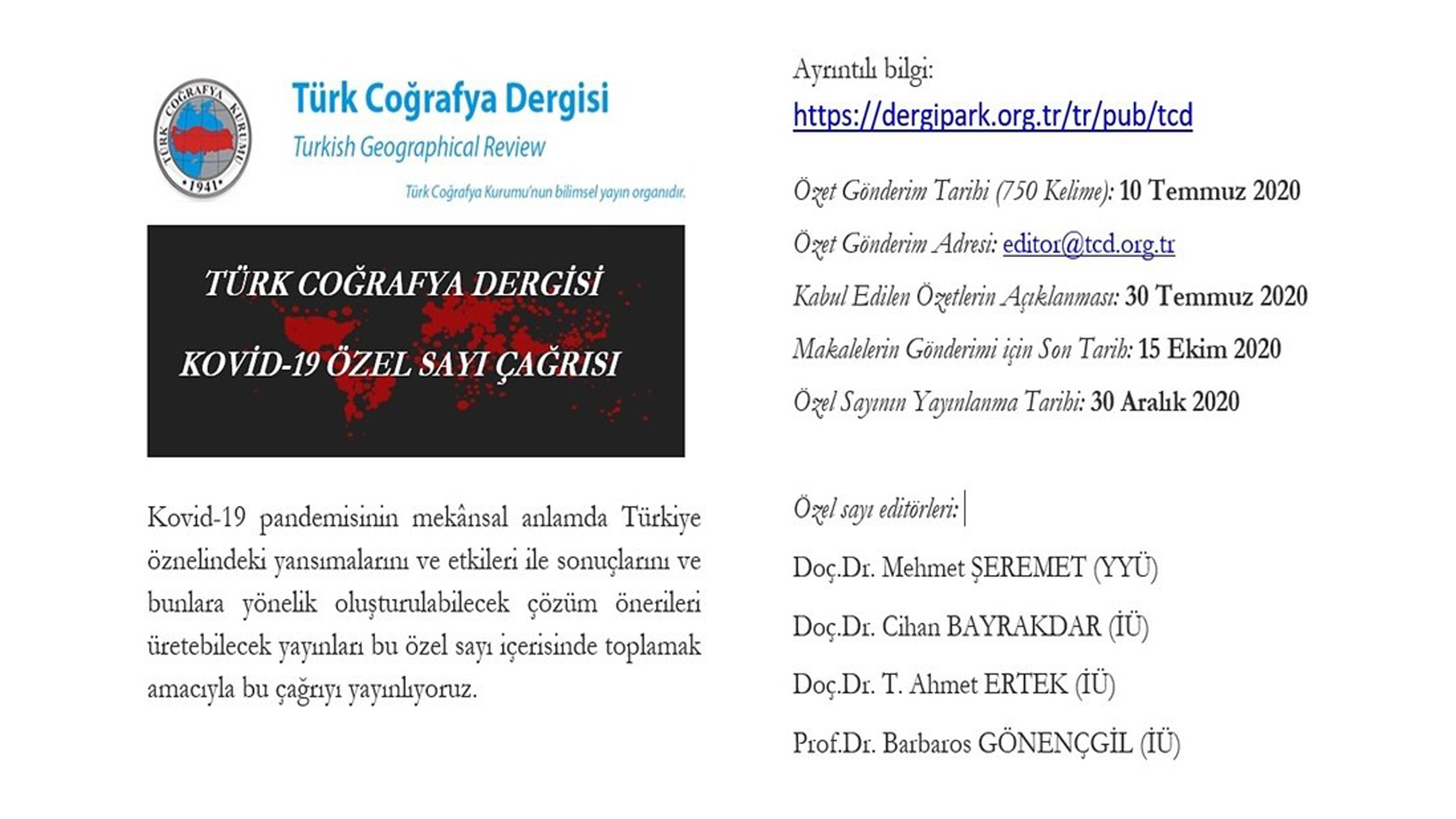 TÜRK COĞRAFYA DERGİSİ KOVİD-19 ÖZEL SAYISI ÇAĞRISI